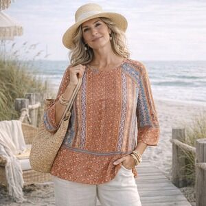 J.Jill Tunic Top‎ Small Boho Paisley Floral Orange Blue 3/4 Sleeve Relaxed Fit